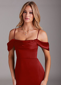 Azazie Saige Robes de demoiselle d'honneur Robe Sirène en Satin extensible Épaule décolletée Grenade image2