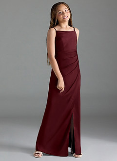 Azazie Leonis Junior Vestido Cabernet de Cetim elástico de Linha A com Plissado image3