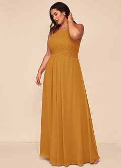 Azazie Ginger Bridesmaid Dresses Butterscotch A-Line Halter Pleated Chiffon Dress image12
