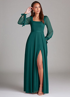 Azazie Leonia Bridesmaid Dresses Peacock A-Line Long Sleeve Mesh Dress image1