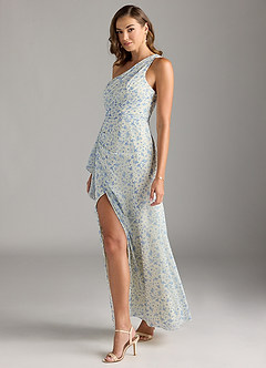 Azazie Maive Bridesmaid Dresses Blue And White Ditsy Floral Sheath Pleated Ruffle Chiffon Dress image4