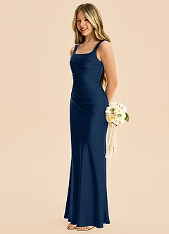 Azazie Agustina Junior Robe Fourreau en Satin extensible Plissé Bleu Marine Foncé image5