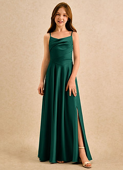 Azazie Coconut Girls Formal Blumenmädchenkleider A-Linie Plissee Stretch-Satin Kleid Smaragd image1