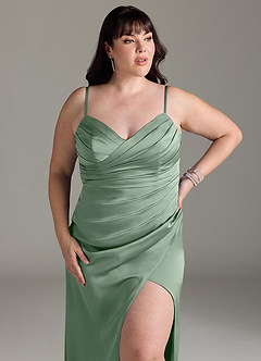 Azazie Yola Bridesmaid Dresses Matcha Sheath V-Neck Pleated Stretch Satin Convertible Dress image14