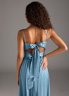 Azazie Zeya Bridesmaid Dresses Steel Blue A-Line Pleated Stretch Satin Dress image4