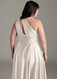 Azazie Charlize Bridesmaid Dresses White Alabaster A-Line One Shoulder Stretch Satin Dress image8