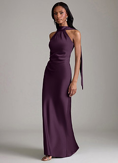 Azazie Cassiana Jurken voor bruidsmeisjes Jurk van Stretch Satijn met Zeemeermin Geplooid Pruim image5