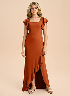 Azazie Demi Junior Vestido de Naranja Quemada de Satén Elástico de Corte Sirena con Lazo image6