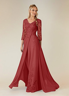 Azazie Noella Mère de la mariée Robes Robe Trapèze en Mousseline de soie Col V Dentelle Rouille image3