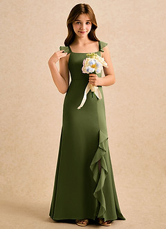 Azazie Novalie Girls Formal Flower Girl Dresses Olive Mermaid Bow Stretch Satin Dress image5