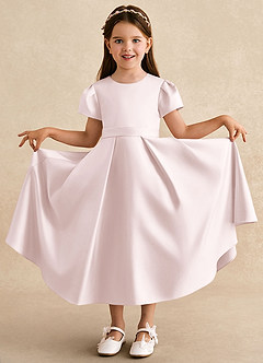 Azazie Princess Flower Girl Dresses Blushing Pink A-Line Pleated Matte Satin Dress image3
