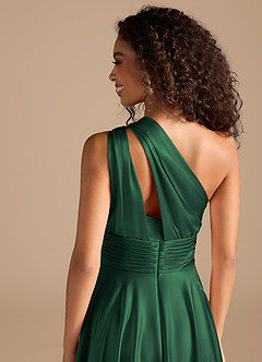 Azazie Charlize Vestidos de damas de honor Vestido de Verde Oscuro de Satén Metálico de Corte en A con Hombro unilateral image6