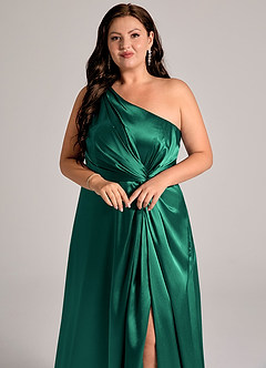 Azazie Brooke Bridesmaid Dresses Emerald A-Line One Shoulder Metallic Satin Dress image13