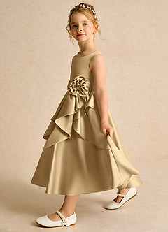 Azazie Hermia vestidos de niña de las flores Vestido de Oro de Satin Mate de Corte En A con Sin mangas image4