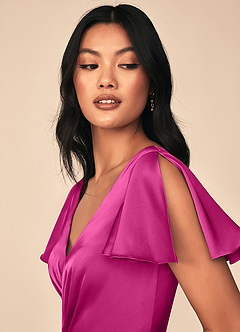 Azazie Soren Bridesmaid Dresses Fuchsia A-Line Pleated Stretch Satin Dress image6