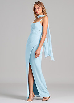 Azazie Calandra At-home Try On Dresses Dusty Sage Sheath Pleated Chiffon Dress image4