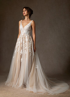 Azazie Sorella Hochzeitskleider A-Linie V-Hals Pailletten Tüll Kleid Diamantweiß Nude image5
