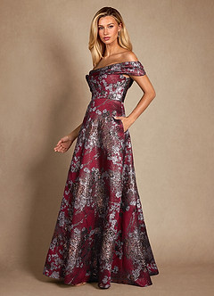 Azazie Marceline Mère de la mariée Robes Robe Trapèze en Jacquard Épaule décolletée Merlot Floral image3