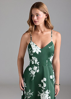 Azazie Mei Bridesmaid Dresses Green Botanicals A-Line V-Neck Stretch Satin Dress image6