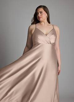 Azazie Amani At-home Try On Dresses Dusty Blue A-Line Pleated Stretch Satin Dress image11