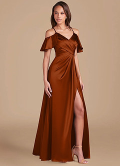 Azazie Dakota Bridesmaid Dresses Auburn A-Line Off the Shoulder Metallic Satin Dress image3