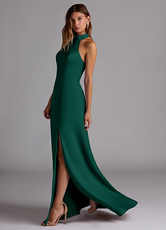 Azazie Myra Bridesmaid Dresses Emerald A-Line Side Slit Stretch Satin Dress image5