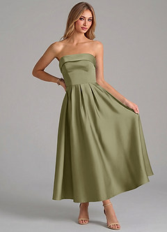 Azazie Lucienne 신부 들러리 드레스 A라인 주름진 스트레치 새틴 발목 길이 드레스 image5