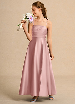 Azazie Pebbles Girls Formal Robe Demoiselle D'honneur Fillette Robe Trapèze en Mat Satiné Plissée Or Rose image4