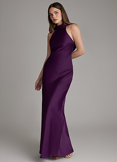 Azazie Dimitra 신부 들러리 드레스 A라인 주름진 스트레치 새틴 바닥 길이 드레스 image6