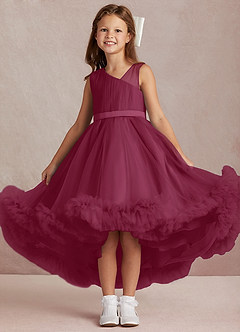 Azazie Lottie Flower Girl Dresses Mulberry A-Line One Shoulder Satin Dress image1