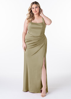 Azazie Mero Robes de demoiselle d'honneur Robe Fourreau en Satin extensible Plissée Vert Mousse image6