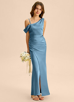 Azazie Madelyn Junior Osłona Zza ramienia Satyna elastyczna Długość podłogi Młodsza druhna Sukienka image4