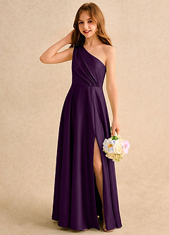Azazie Puddles Girls Formal Robe Demoiselle D'honneur Fillette Robe Trapèze en Satin extensible Une épaule Grain De Raisin image3