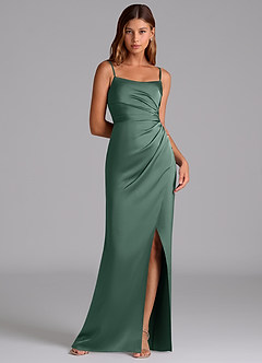 Azazie Calandra Essayer des robes à la maison Robe Trapèze en Satin extensible Plissée Eucalyptus image1