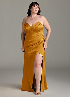 Azazie Yola Brautjungfernkleider Wandelbar Etui Plissee mit V-Ausschnitt Stretch-Satin Kleid Butterscotch image11