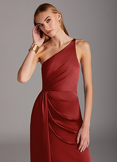 Azazie Mika Final Sale Pomegranate Sheath One Shoulder Stretch Satin Dress image6