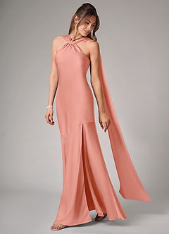 Azazie Kinsley Robes de demoiselle d'honneur Robe Sirène en Satin extensible Fente Latérale Corail image4