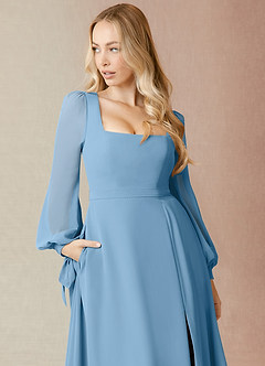 Azazie Leonia Bridesmaid Dresses Steel Blue A-Line Long Sleeve Chiffon Dress image6