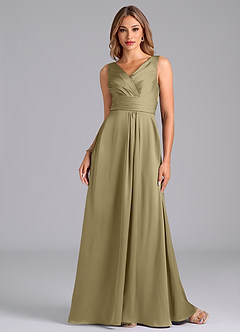 Azazie Karina Robes de demoiselle d'honneur Robe Trapèze en Satin extensible Plissée Vert Mousse image4