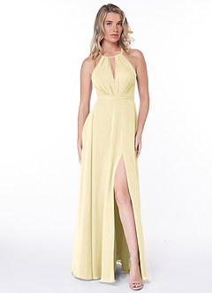 Azazie Evalleen Robes de demoiselle d'honneur Robe Trapèze en Mousseline de soie Plissée Sorbet Citron image2