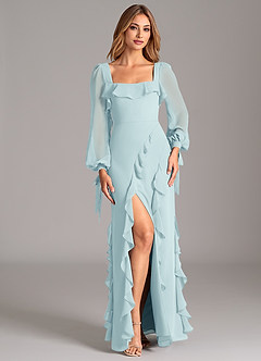 Azazie Candice Bridesmaid Dresses Sea Glass A-Line Long Sleeve Chiffon Dress image4