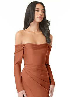Azazie Hallie Bridesmaid Dresses Cedar Rose Sheath Off-The-Shoulder Long Sleeve Stretch Satin Convertible Dress image1