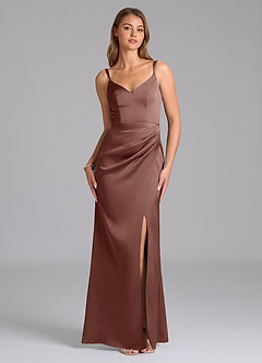 Azazie Leo Brautjungfernkleider Etui Plissee Stretch-Satin Kleid Espresso image1