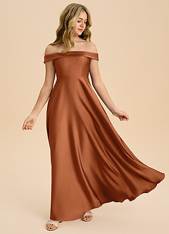 Azazie Sissy Junior Abito A-Line in Raso Elasticizzato a Spalla Scoperta Rame image5