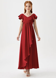 Azazie Omari Junior Pomegranate A-Line Pleated Stretch Satin Dress image5