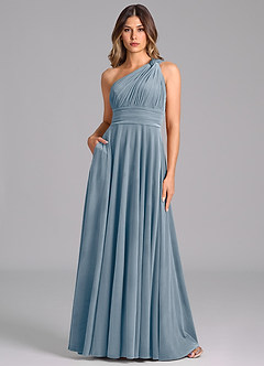 Azazie Charlize Vestidos de damas de honor Vestido de Azul Polvoriento de terciopelo de Corte en A con Hombro unilateral image1