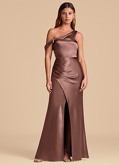 Azazie Madelyn Final Sale Espresso Mermaid Off the Shoulder Metallic Satin Convertible Dress image1