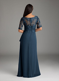 Azazie Amedeus vestidos de madre de la novia Vestido Azul Marino Oscuro de Gasa de Corte en A con Encaje cuello pico image4