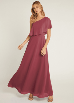 Azazie Lizzy Vestidos de damas de honor Vestido de Merlot de Gasa de Corte en A con Hombro unilateral image5