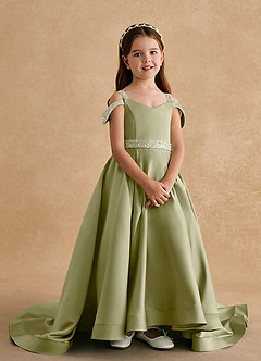 Azazie Jodi Robe Demoiselle D'honneur Fillette Robe Trapèze en Mat Satiné Vert Mousse image4